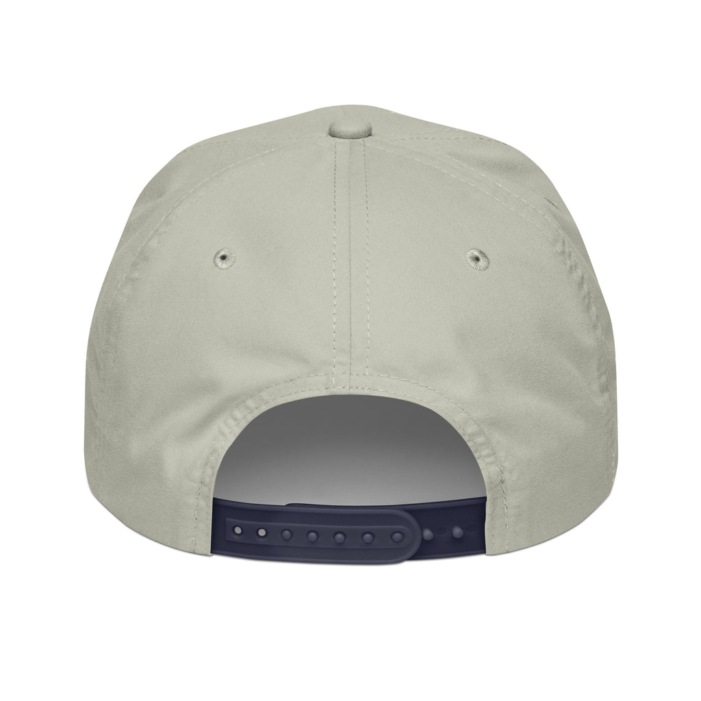 Light gray rope cap with embroidered snowman eight logo, back view