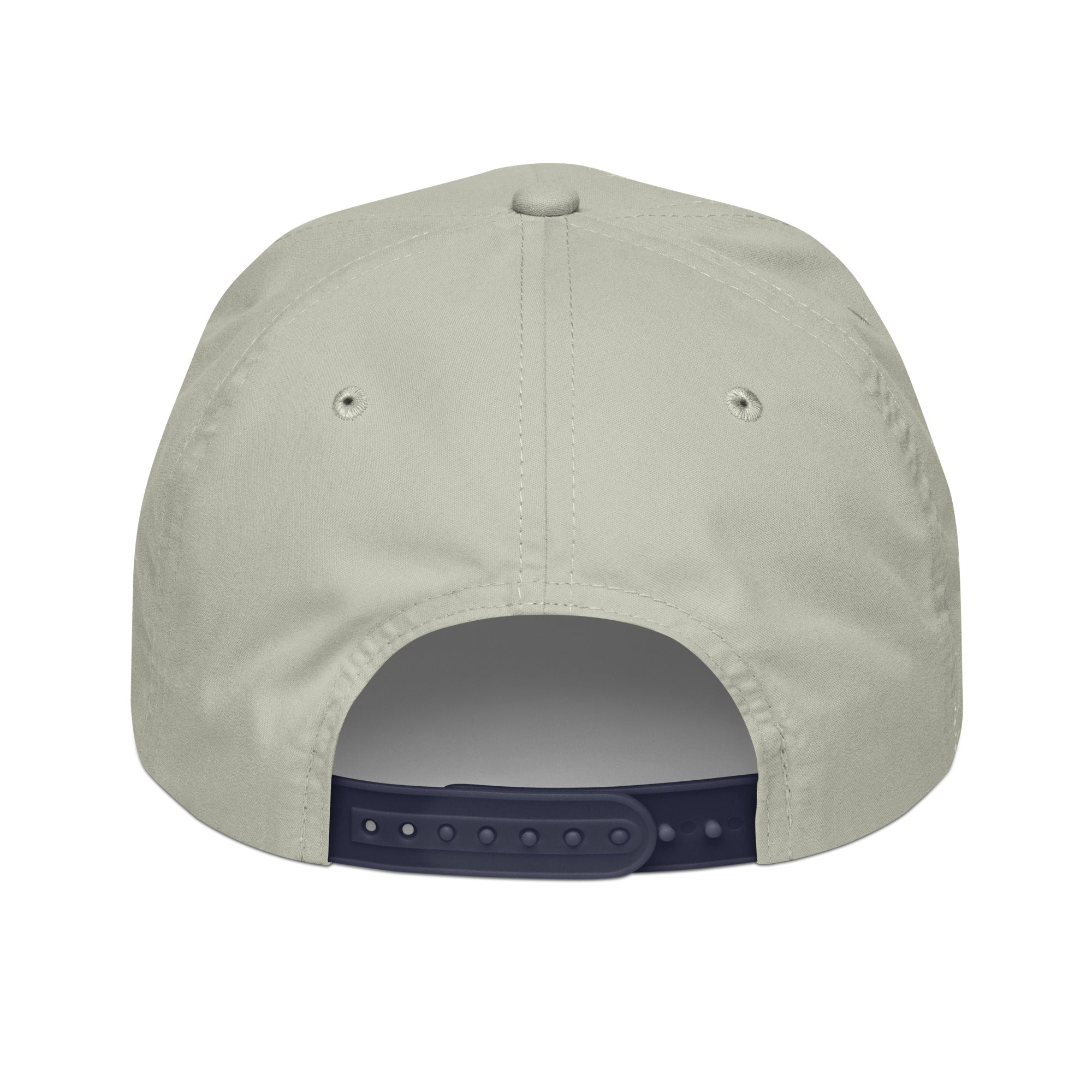 Light gray rope cap with embroidered snowman eight logo, back view