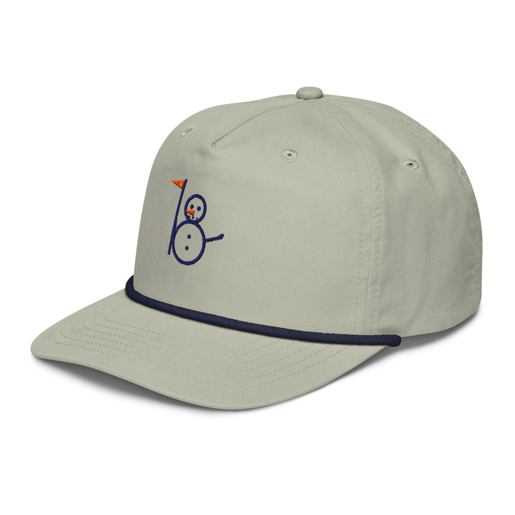 Light gray rope cap with embroidered snowman eight logo, left-front angle