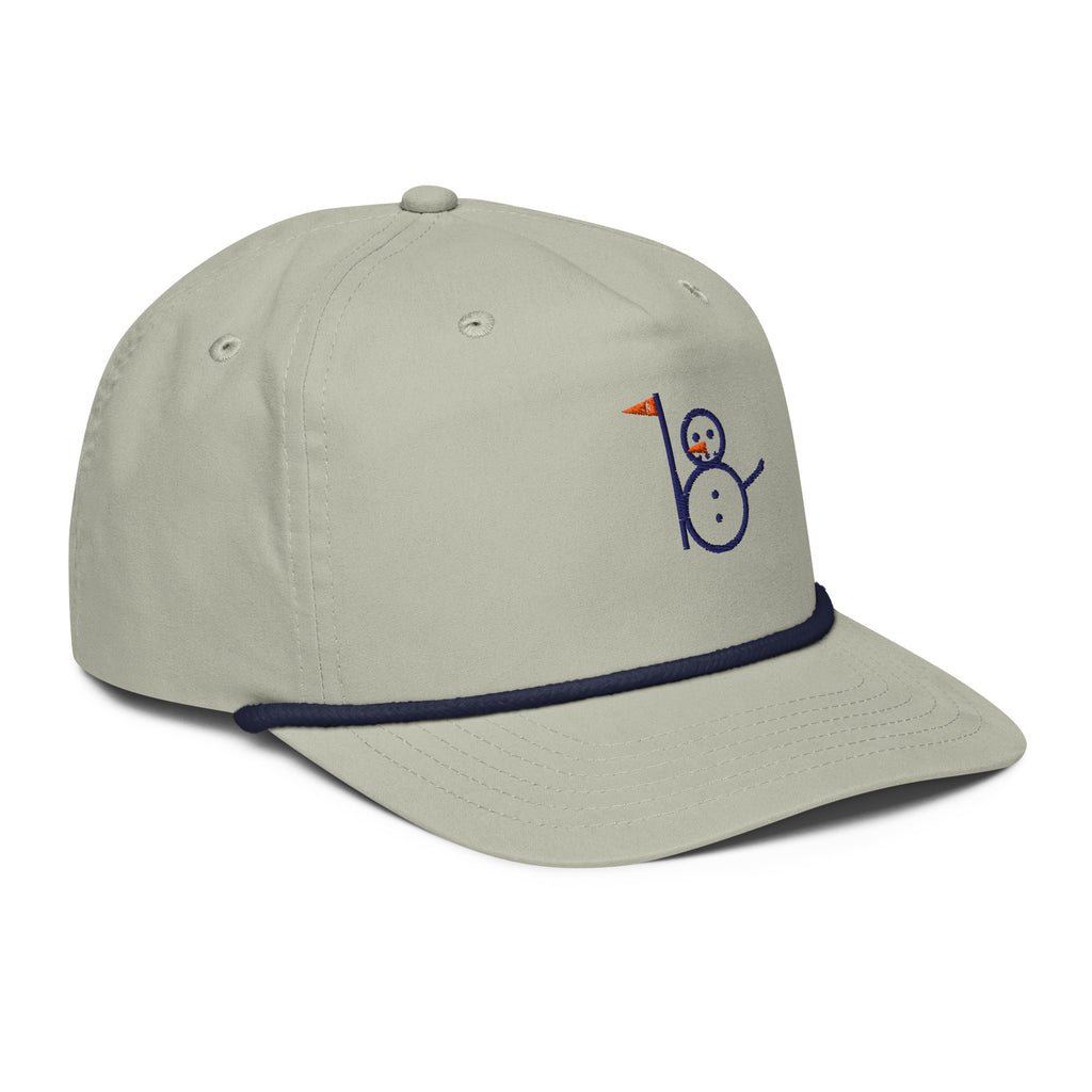 Light gray rope cap with embroidered snowman eight logo, right-front angle