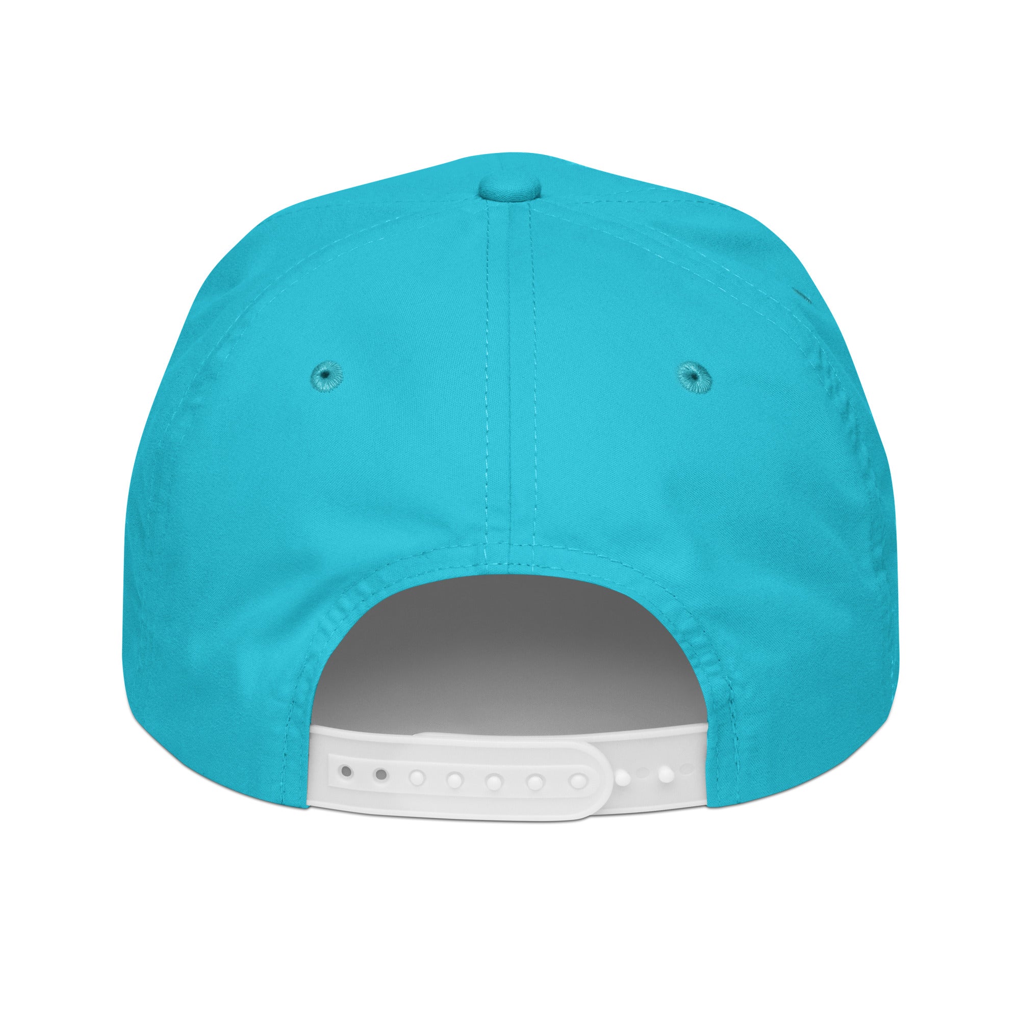 Aqua rope cap with embroidered snowman eight logo, back view