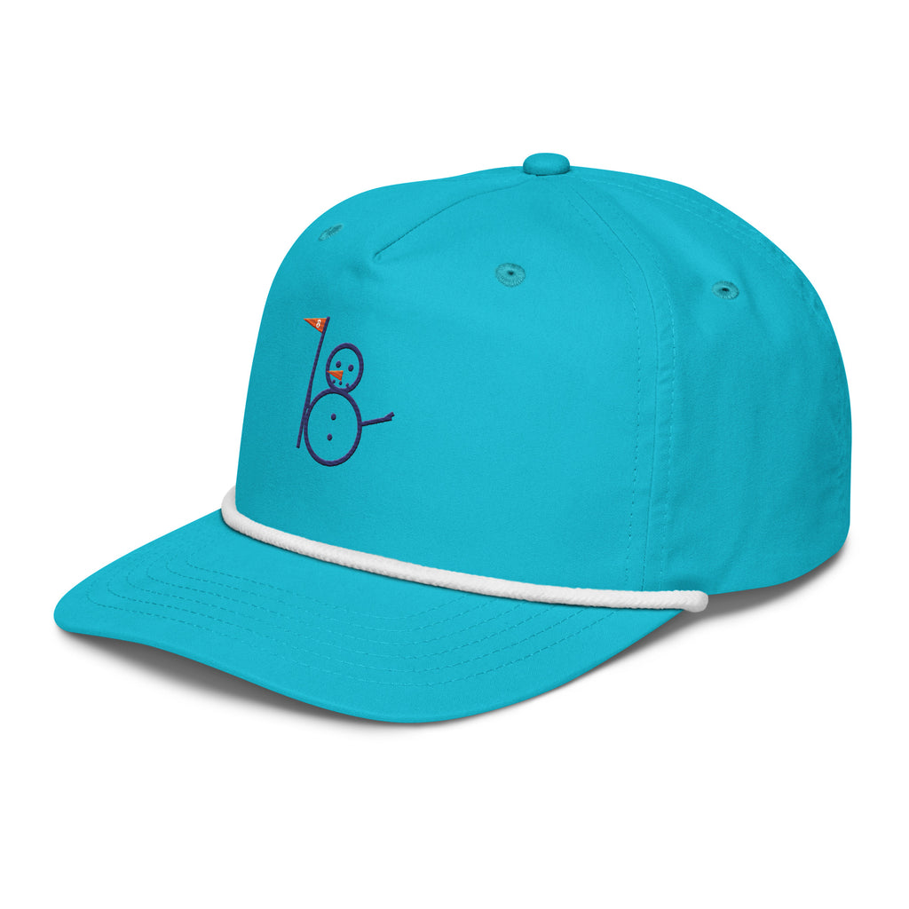 Aqua rope cap with embroidered snowman eight logo, left-front angle