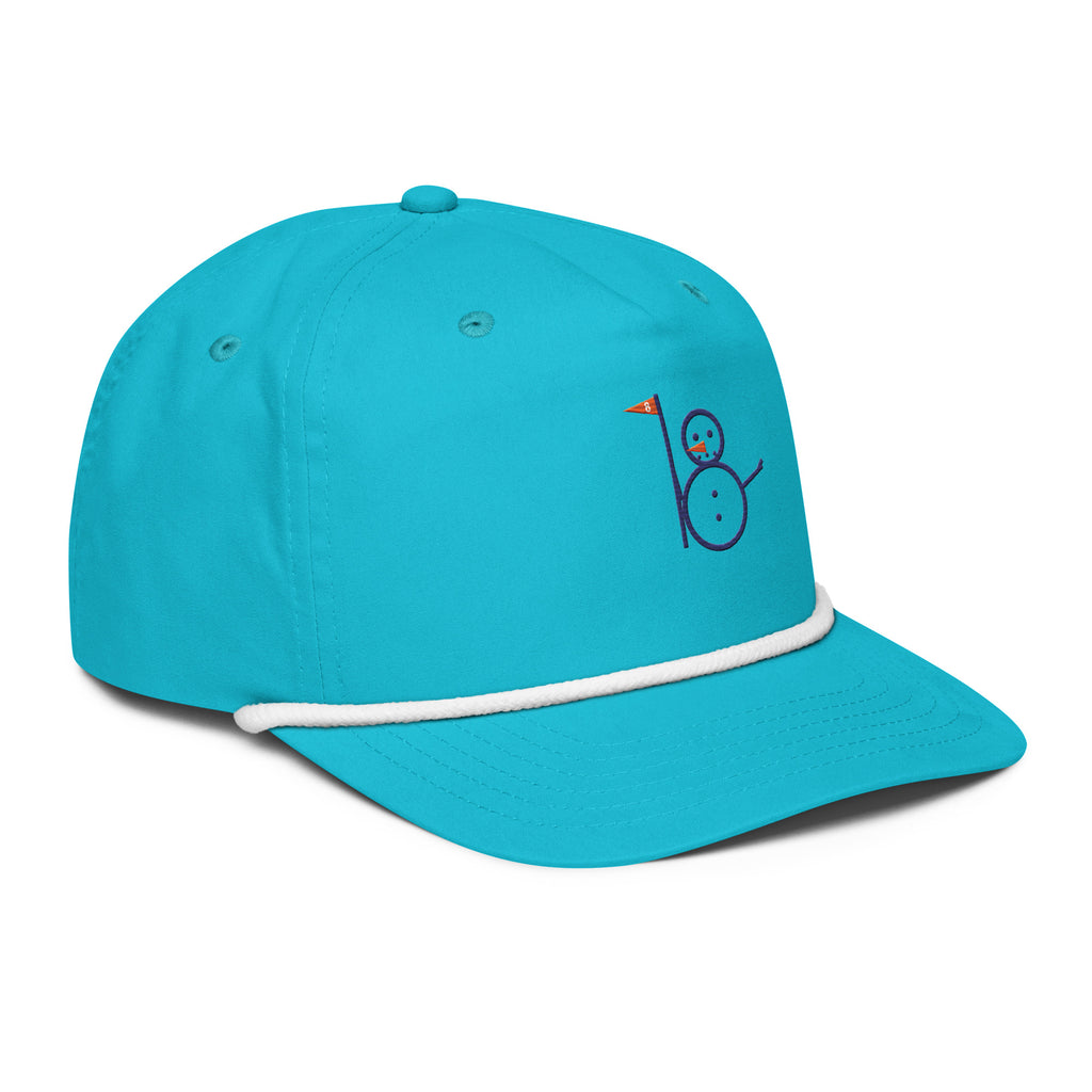 Aqua rope cap with embroidered snowman eight logo, right-front angle