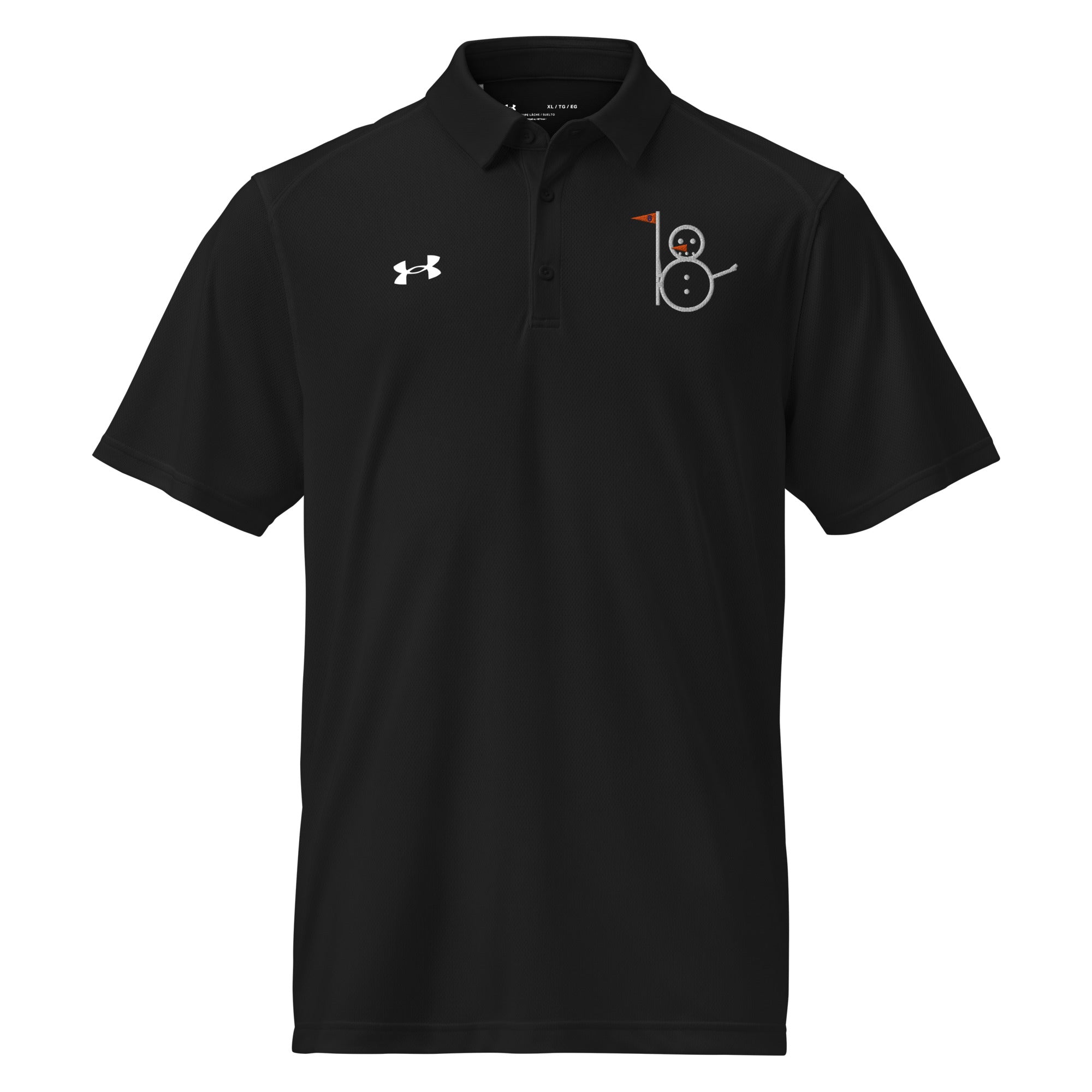 Black Under Armour performance golf polo with the Snowman logo embroidered on the left chest