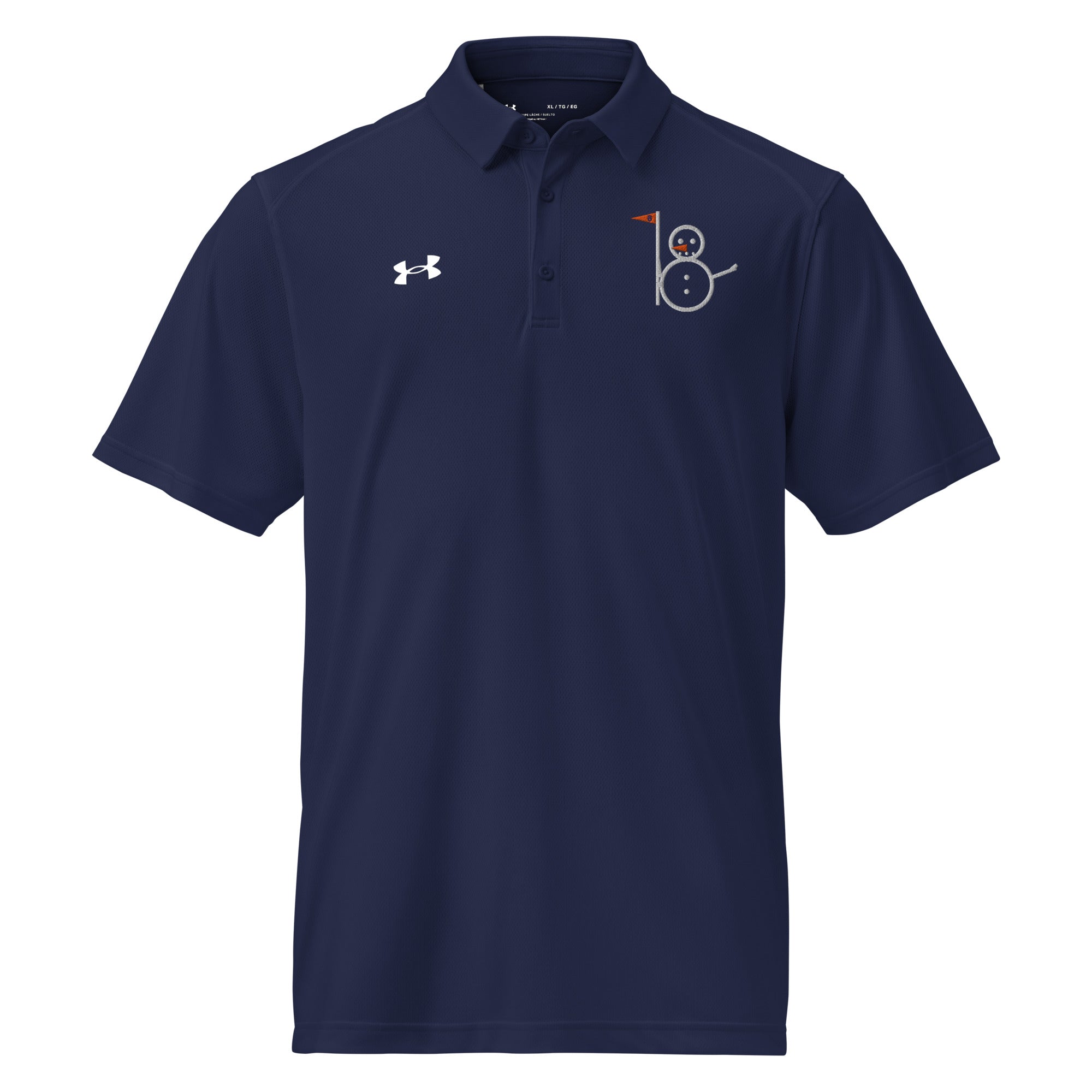 Navy Under Armour performance golf polo with the Snowman logo embroidered on the left chest