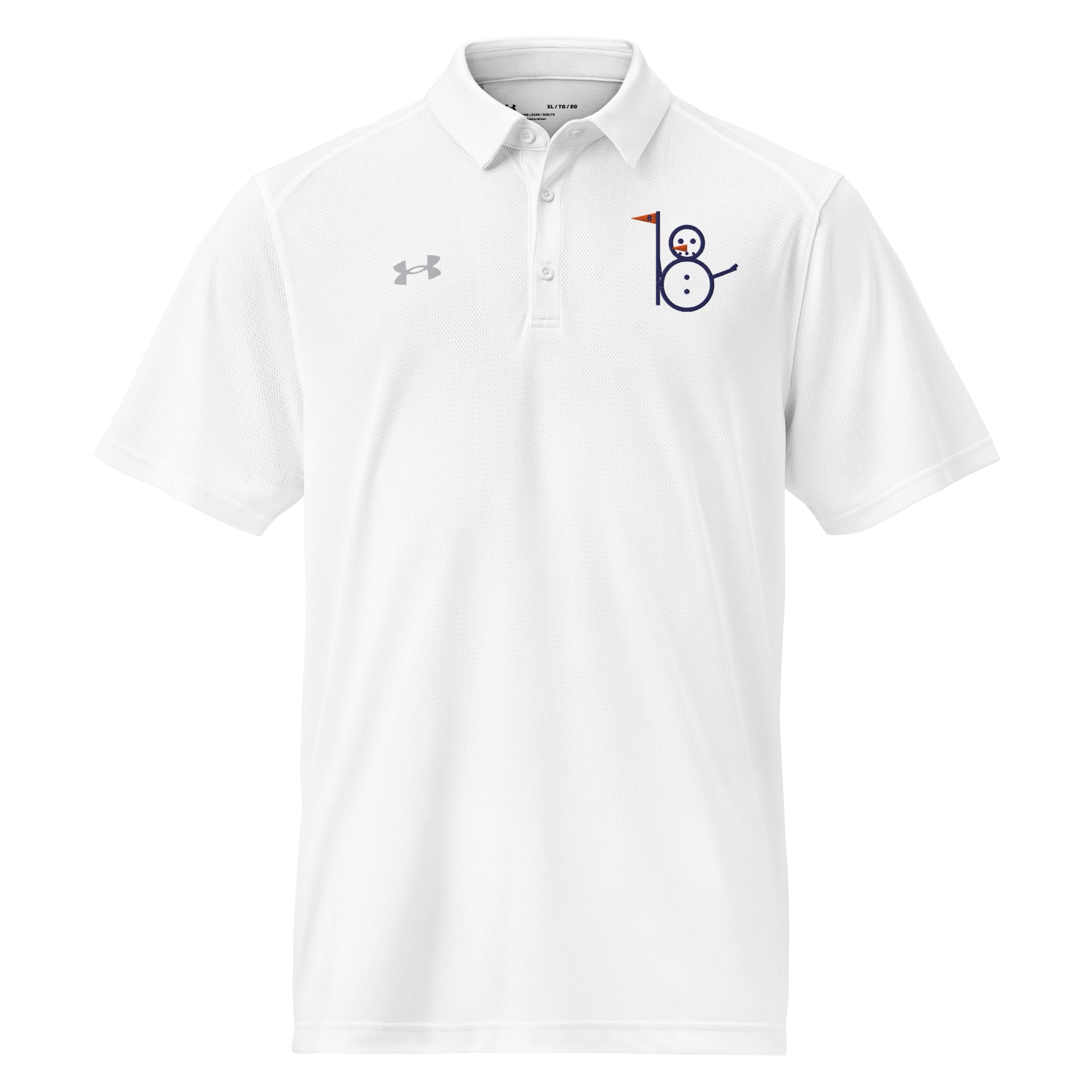 White Under Armour performance golf polo with the Snowman logo embroidered on the left chest