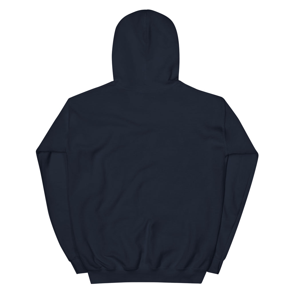 Navy Snowman Golf hoodie with full snowman and eight flag graphic, back view