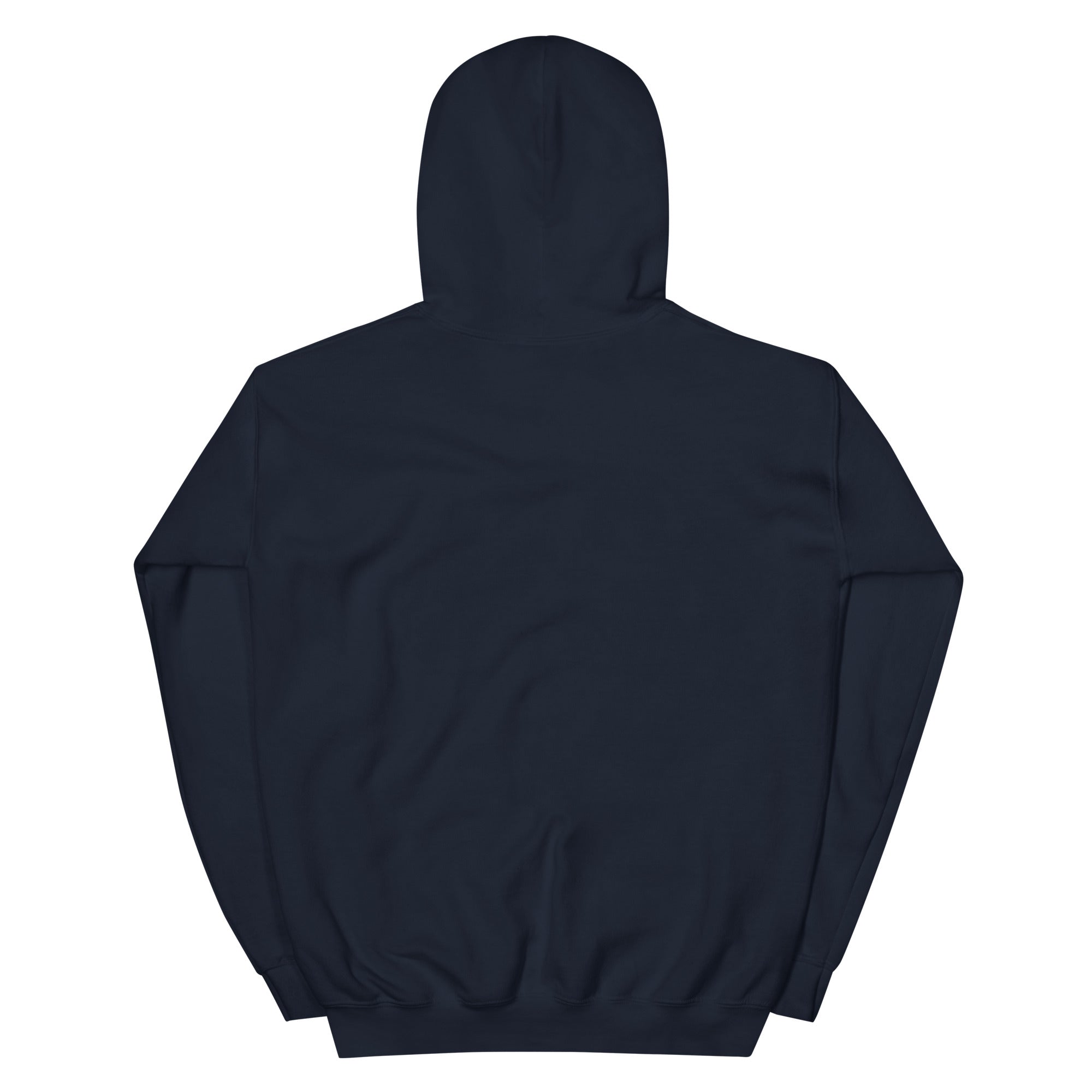 Navy Snowman Golf hoodie with full snowman and eight flag graphic, back view