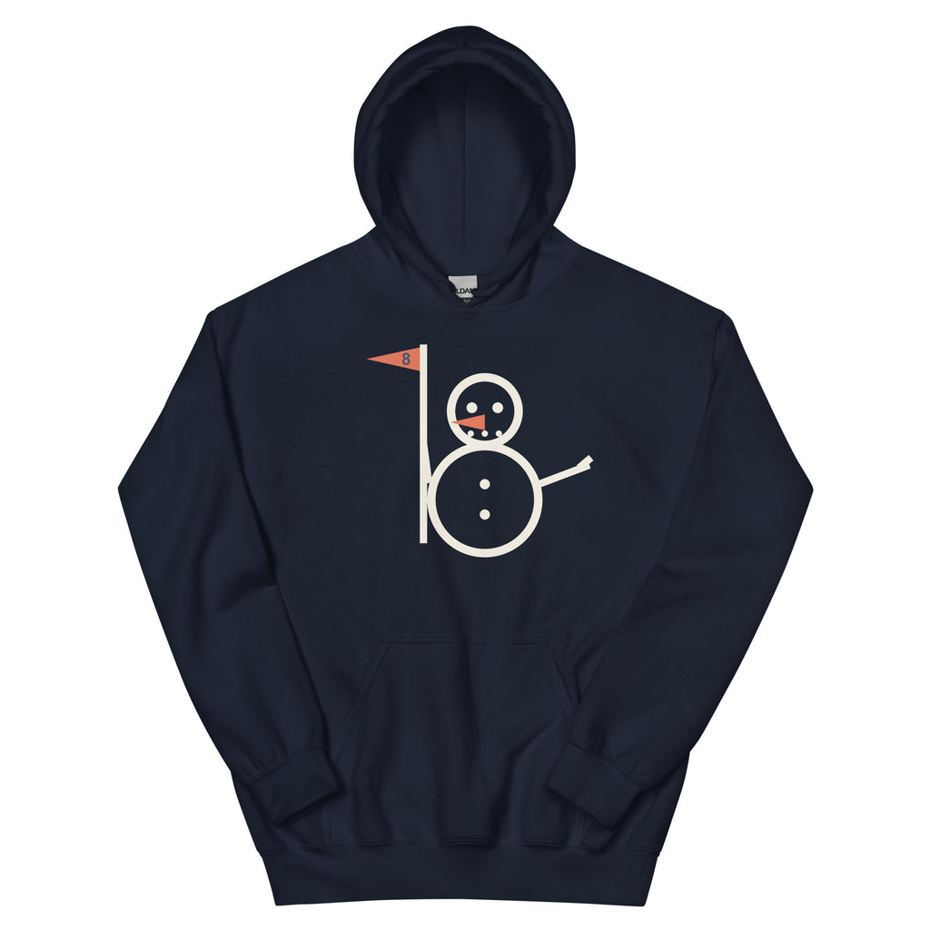 Navy Snowman Golf hoodie with full snowman and eight flag graphic