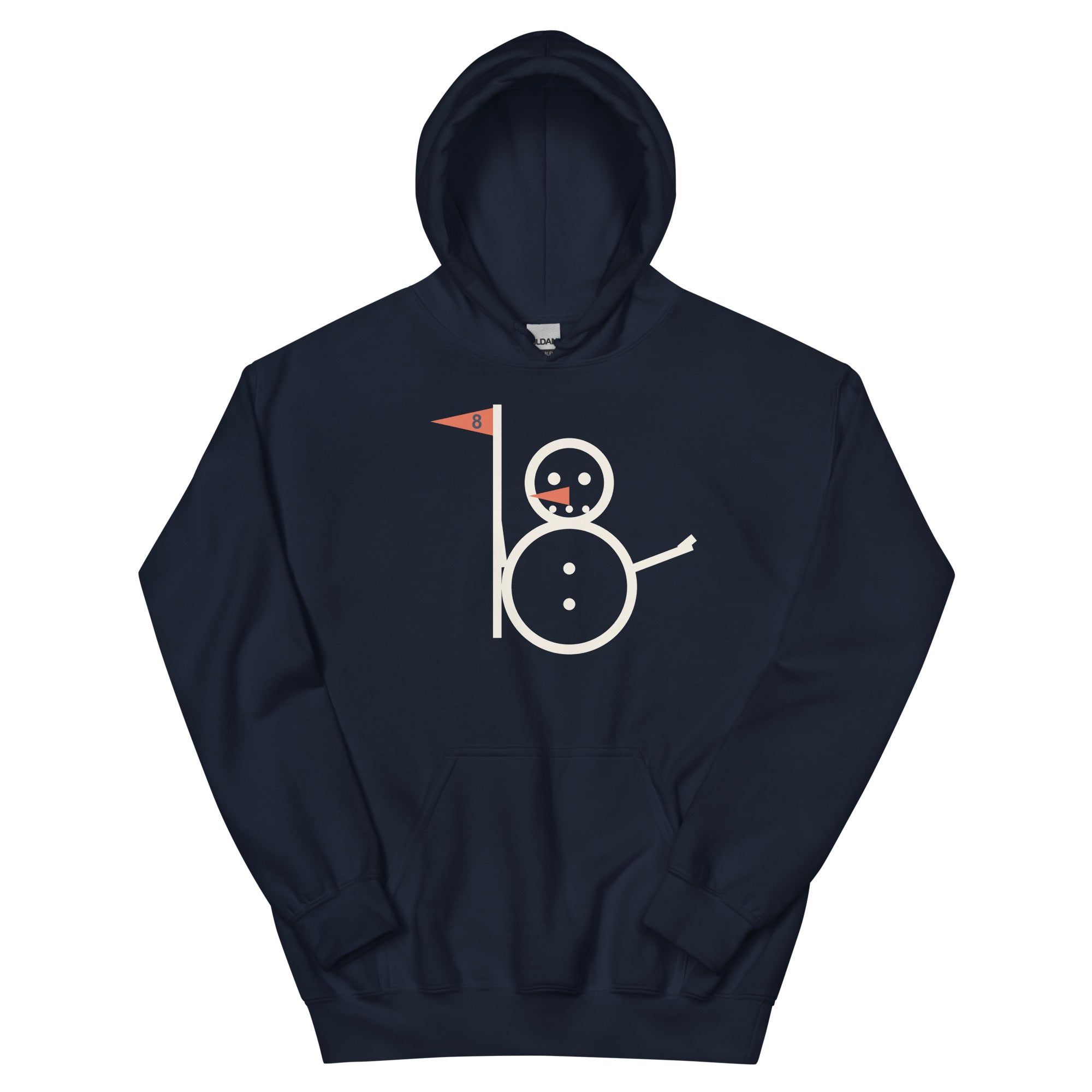 Navy Snowman Golf hoodie with full snowman and eight flag graphic
