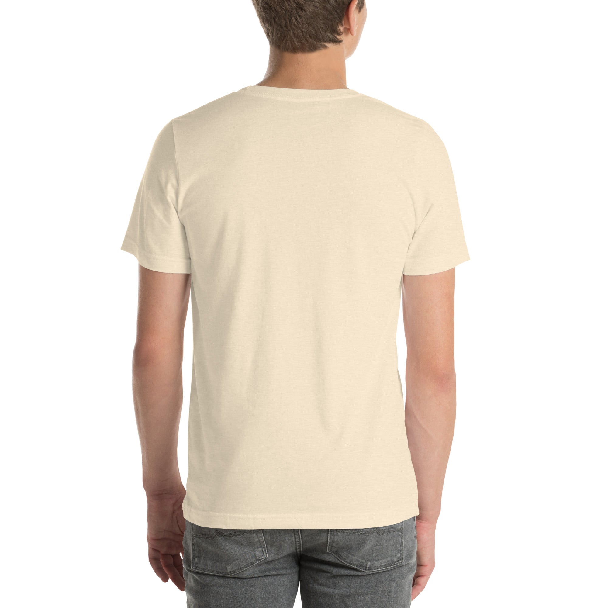 Heather unisex Snowman Golf tee with full snowman and eight flag graphic, back view