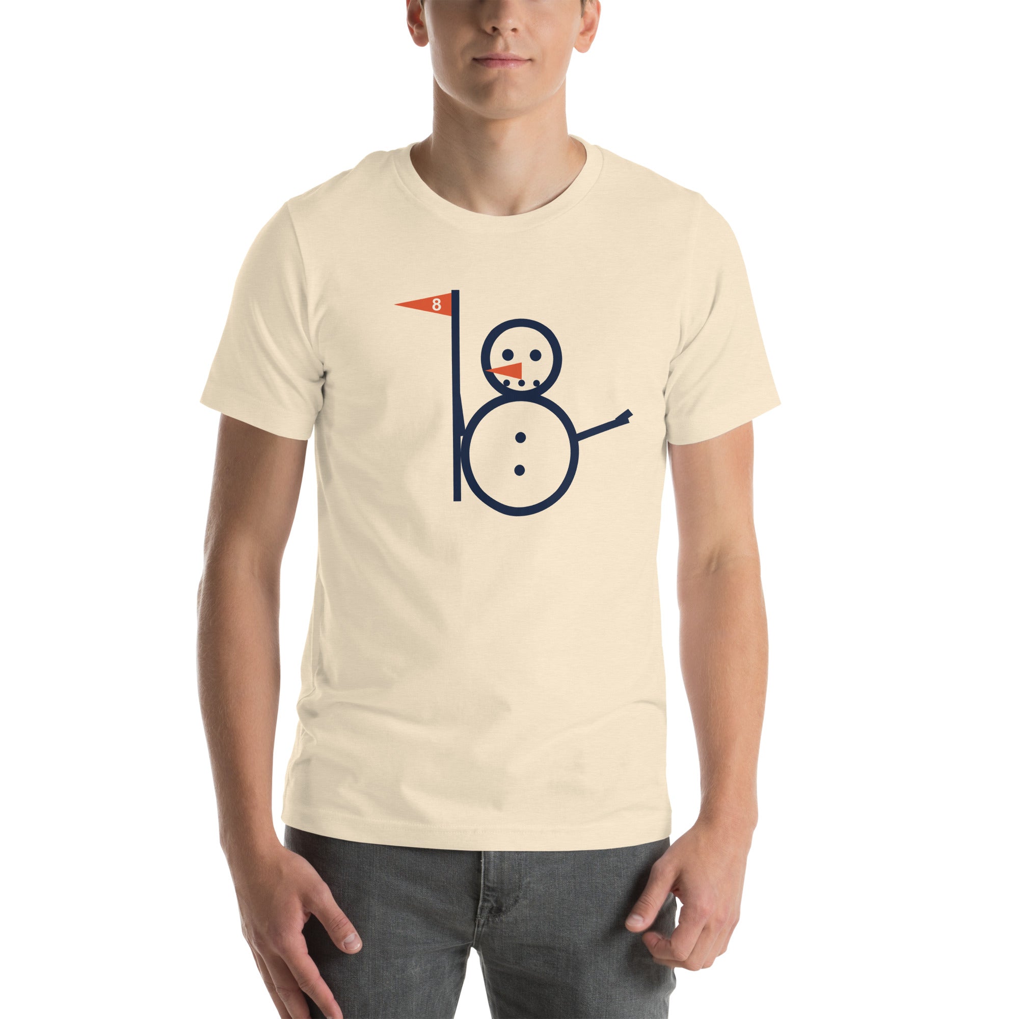 Heather unisex Snowman Golf tee with full snowman and eight flag graphic
