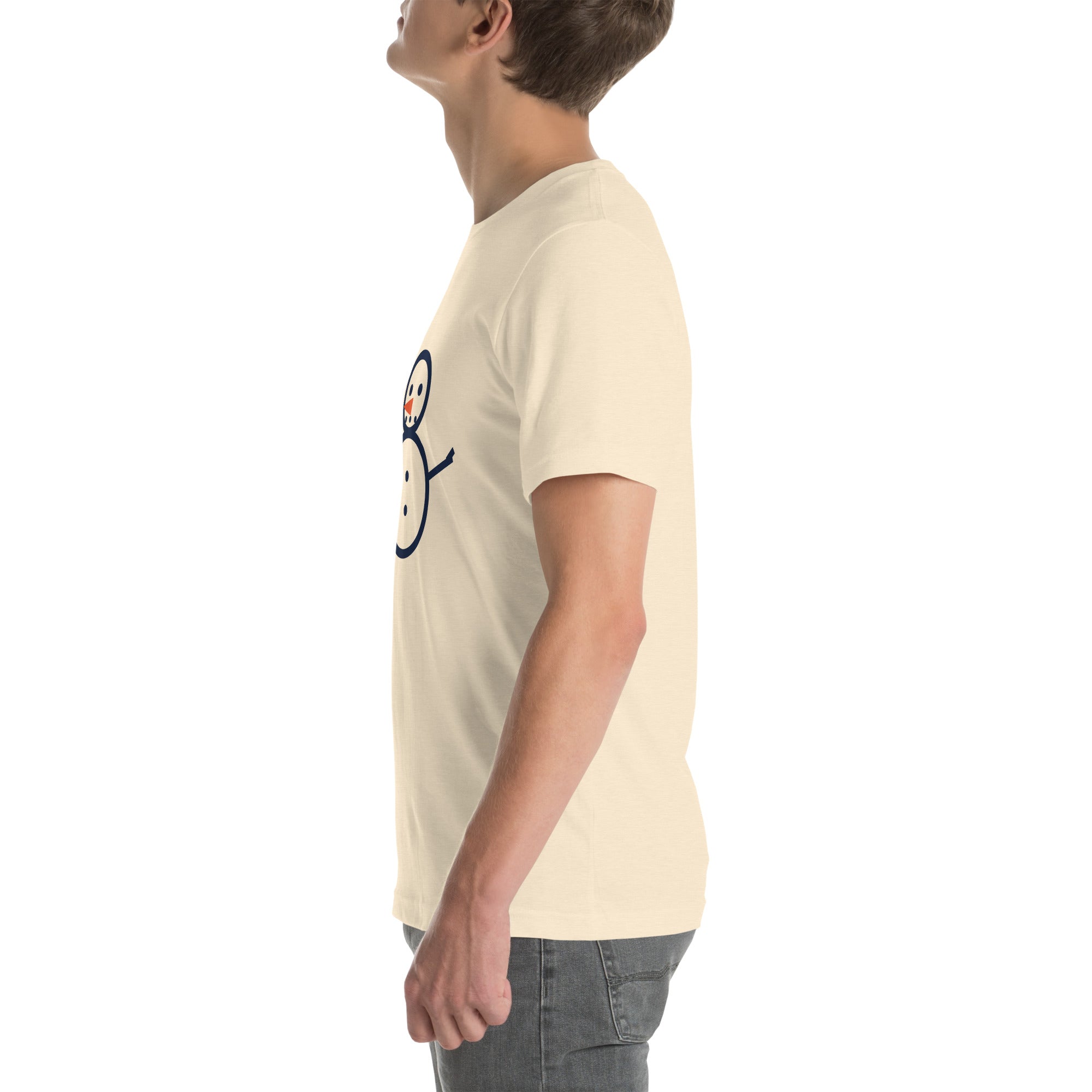 Heather unisex Snowman Golf tee with full snowman and eight flag graphic, left side