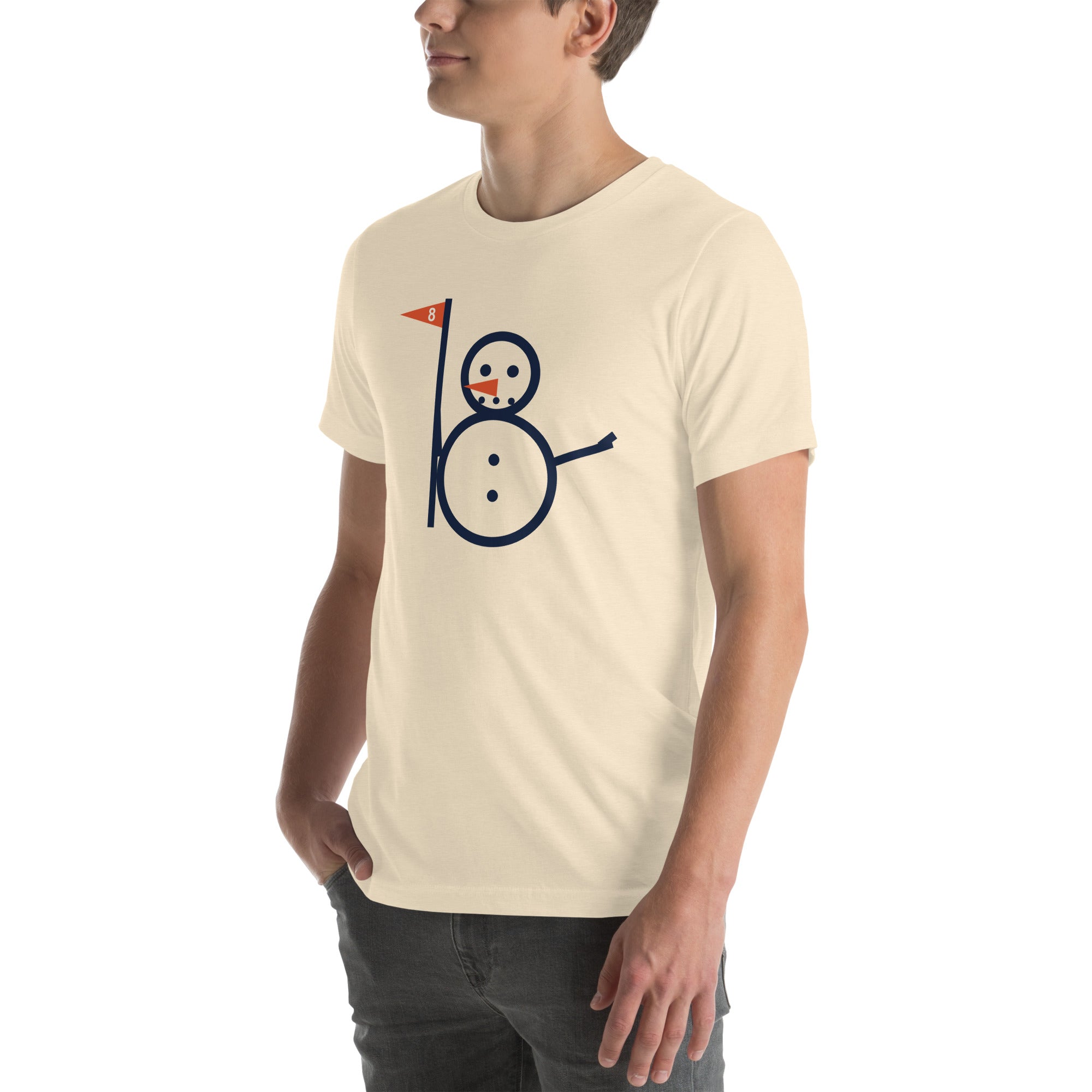 Heather unisex Snowman Golf tee with full snowman and eight flag graphic, left-front angle