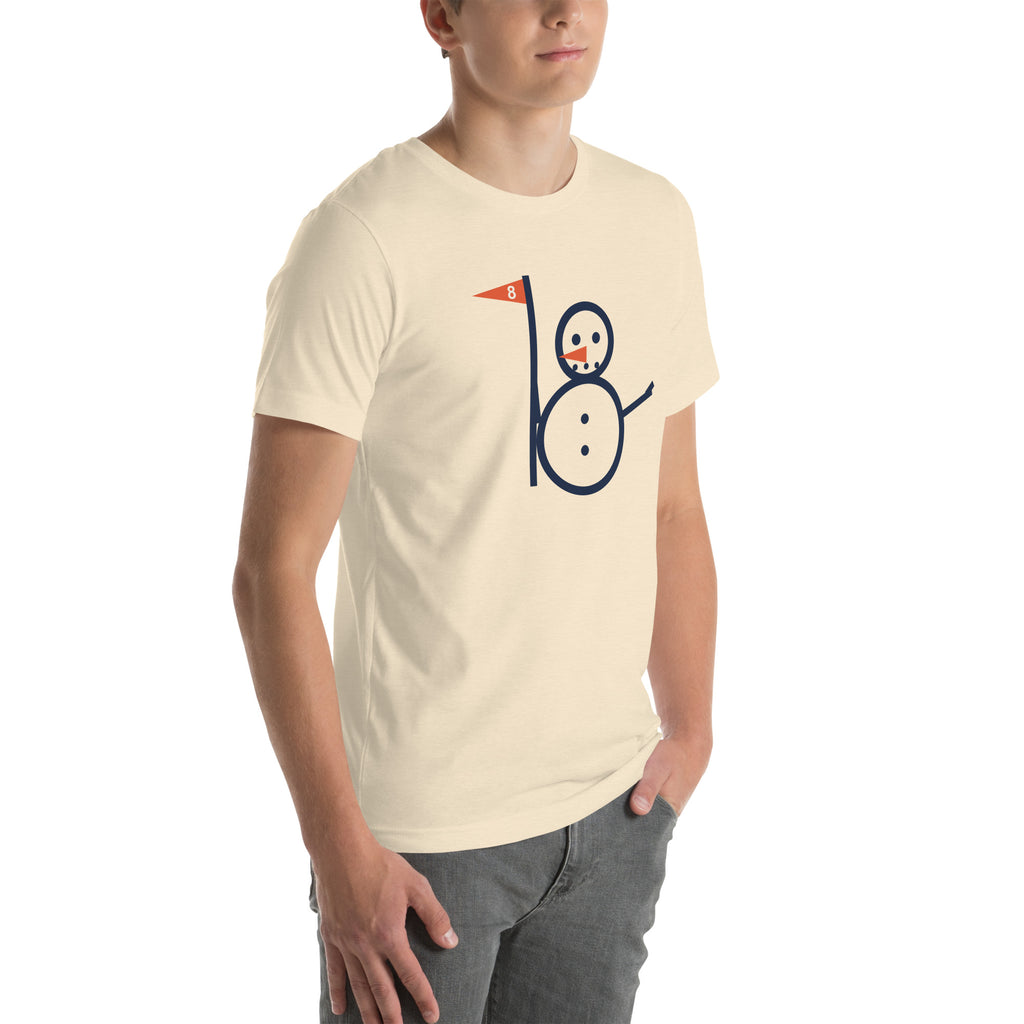 Heather unisex Snowman Golf tee with full snowman and eight flag graphic, right-front angle