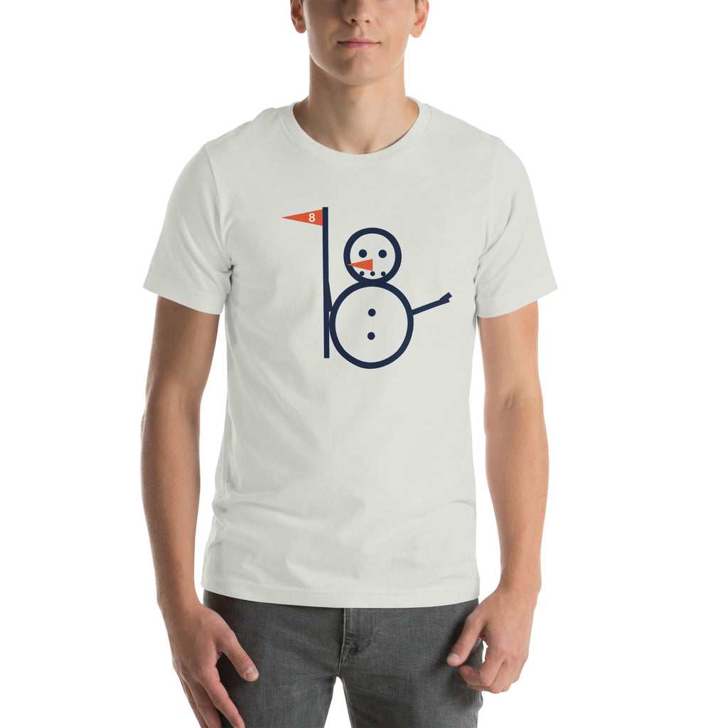 Silver unisex Snowman Golf tee with full snowman and eight flag graphic