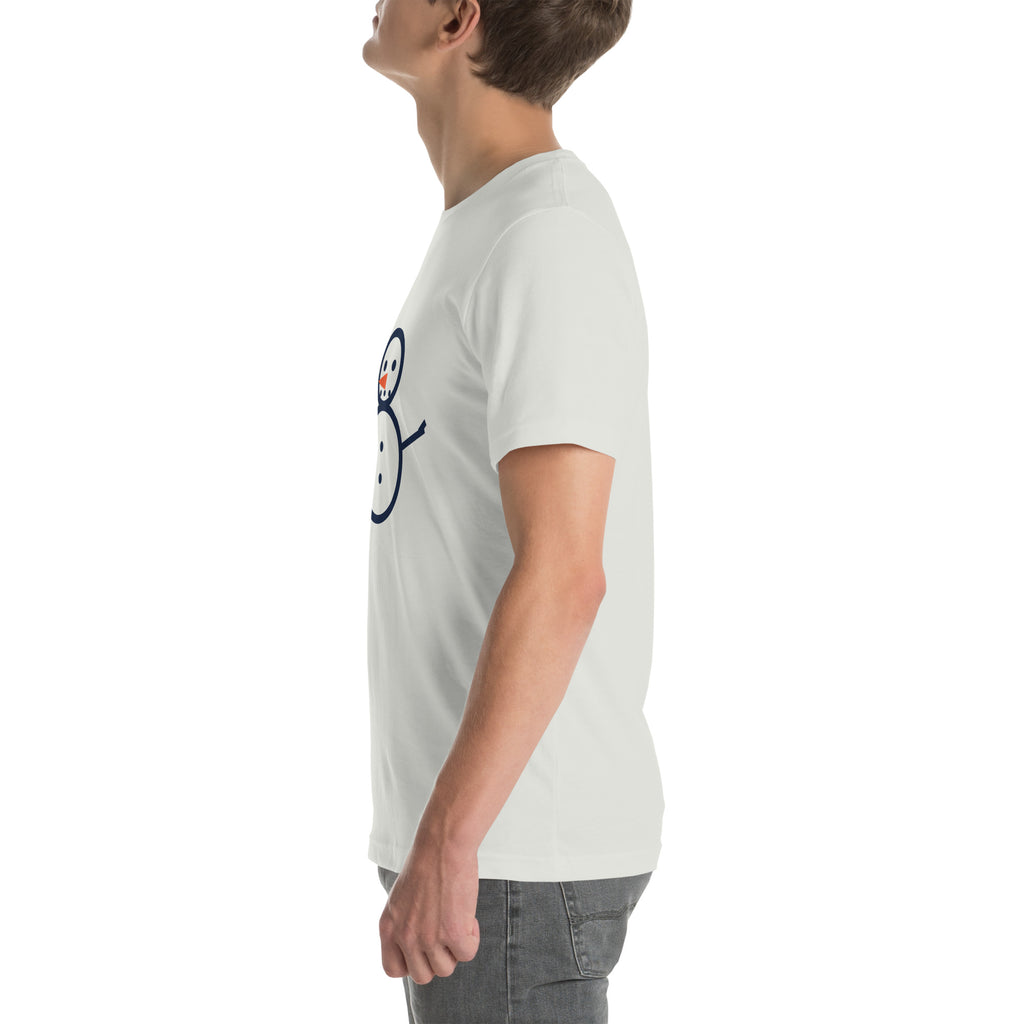 Silver unisex Snowman Golf tee with full snowman and eight flag graphic, left side