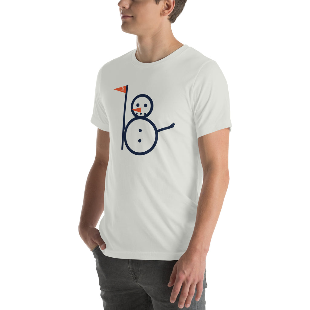 Silver unisex Snowman Golf tee with full snowman and eight flag graphic, left-front angle