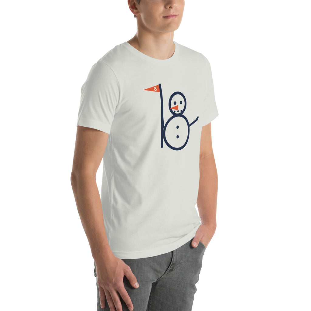 Silver unisex Snowman Golf tee with full snowman and eight flag graphic, right-front angle