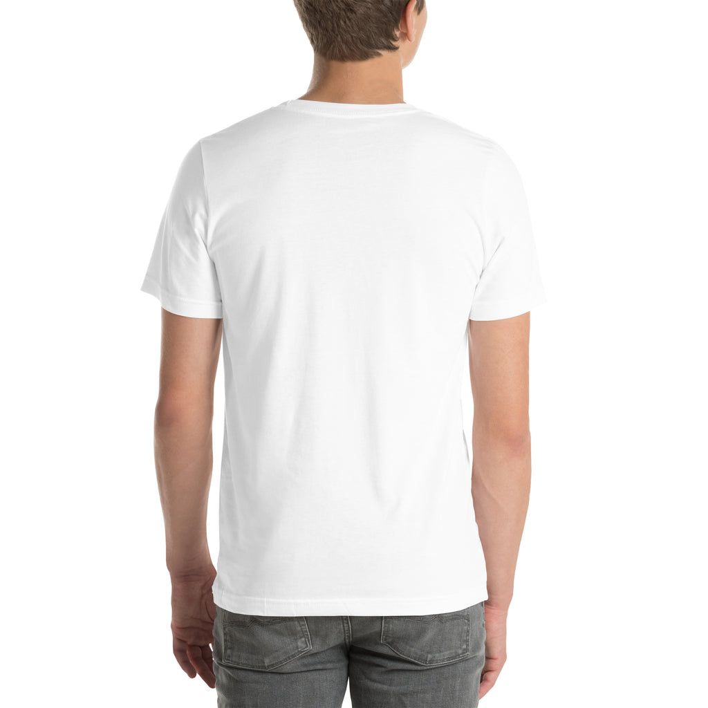 White unisex Snowman Golf tee with full snowman and eight flag graphic, back view