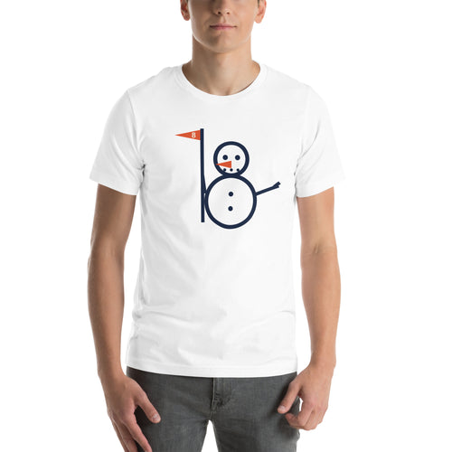 White unisex Snowman Golf tee with full snowman and eight flag graphic