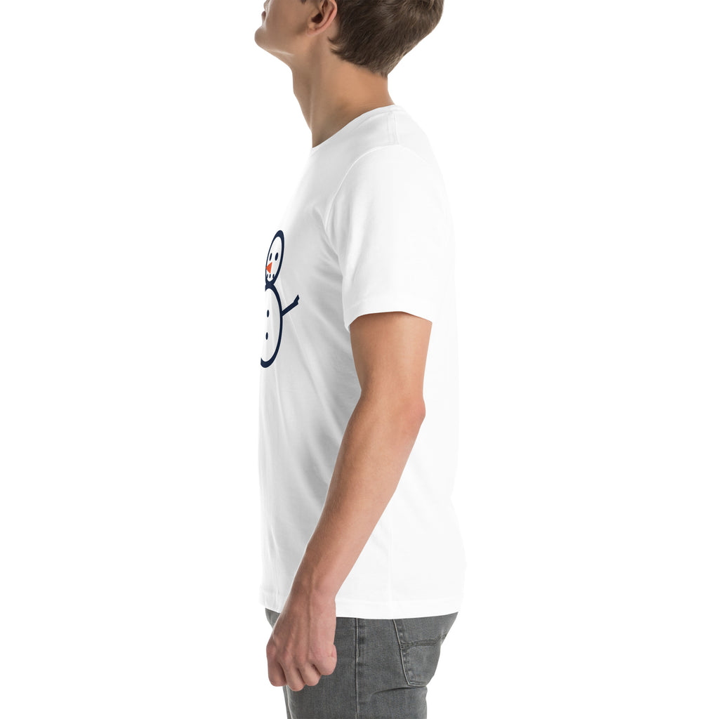 White unisex Snowman Golf tee with full snowman and eight flag graphic, left side