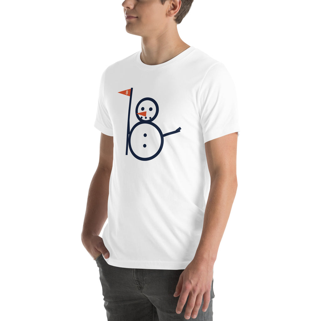 White unisex Snowman Golf tee with full snowman and eight flag graphic, left-front angle