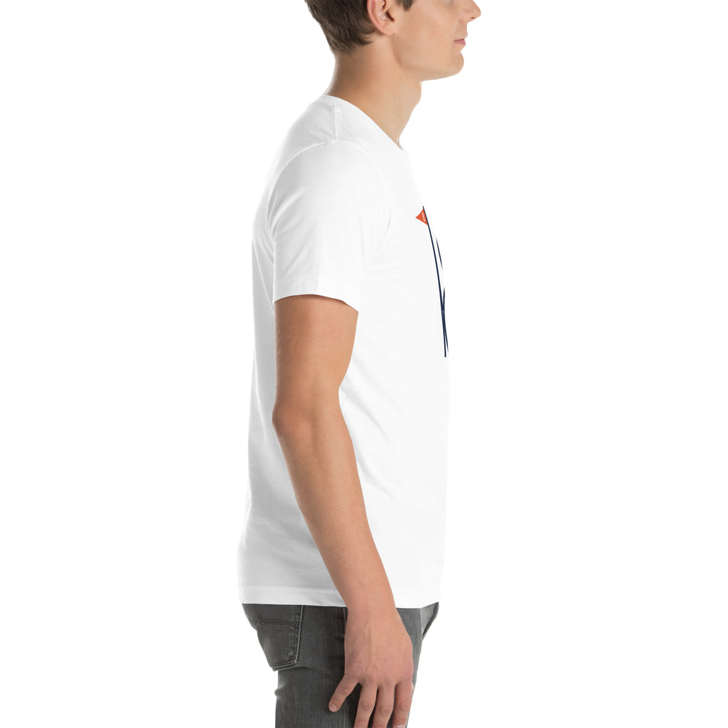 White unisex Snowman Golf tee with full snowman and eight flag graphic, right side