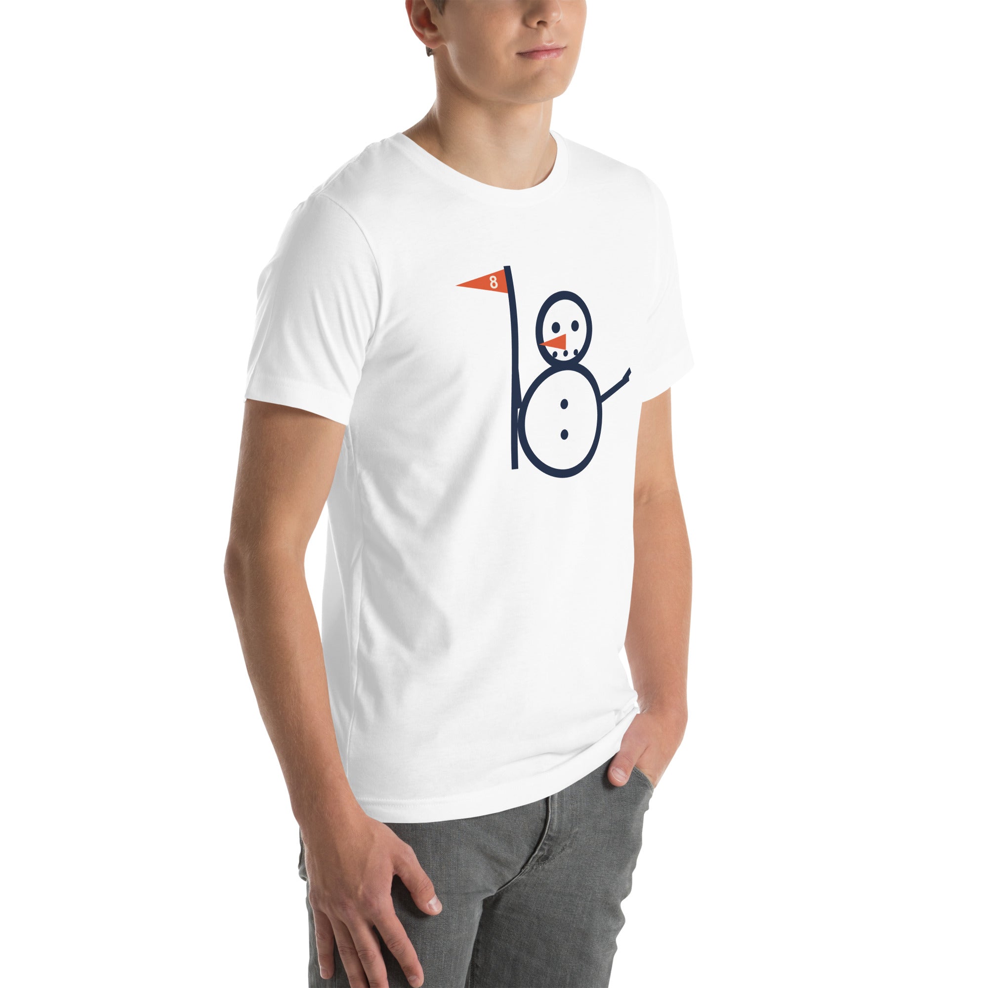 White unisex Snowman Golf tee with full snowman and eight flag graphic, right-front angle