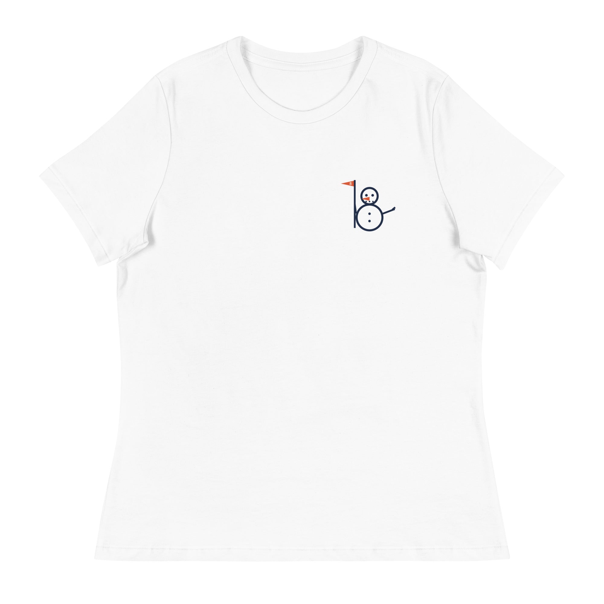 White women's tee with the small Snowman Golf logo at the left chest